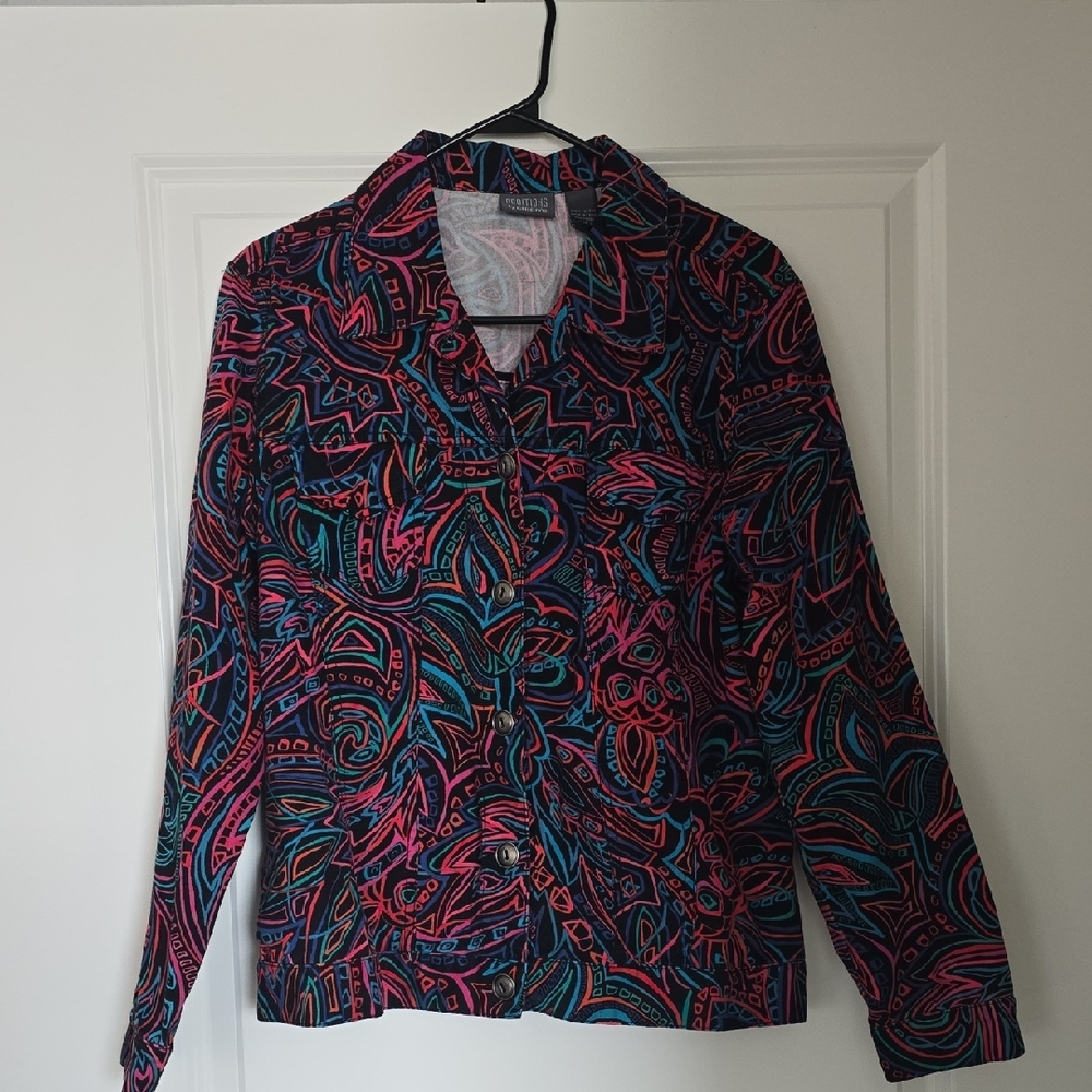 Chico's Additions Black Jacket with Pink & Teal Abstract Print